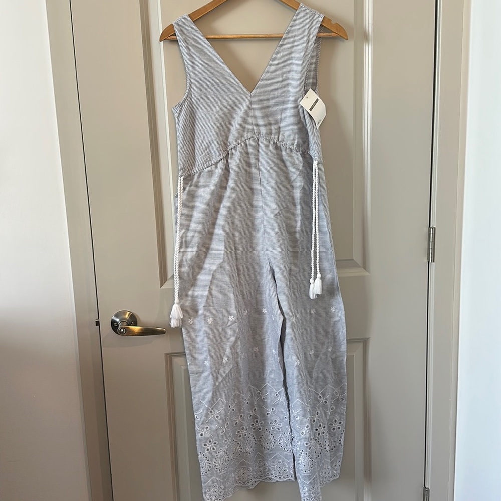 Blue and white striped jumpsuit